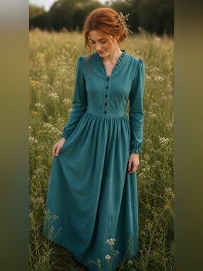 Teal Long Sleeve Maxi Dress with Button Front